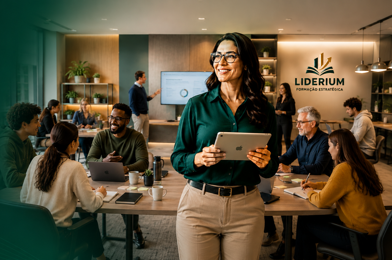 Profissional Liderium em ambiente corporativo moderno com tecnologia, IA e dados