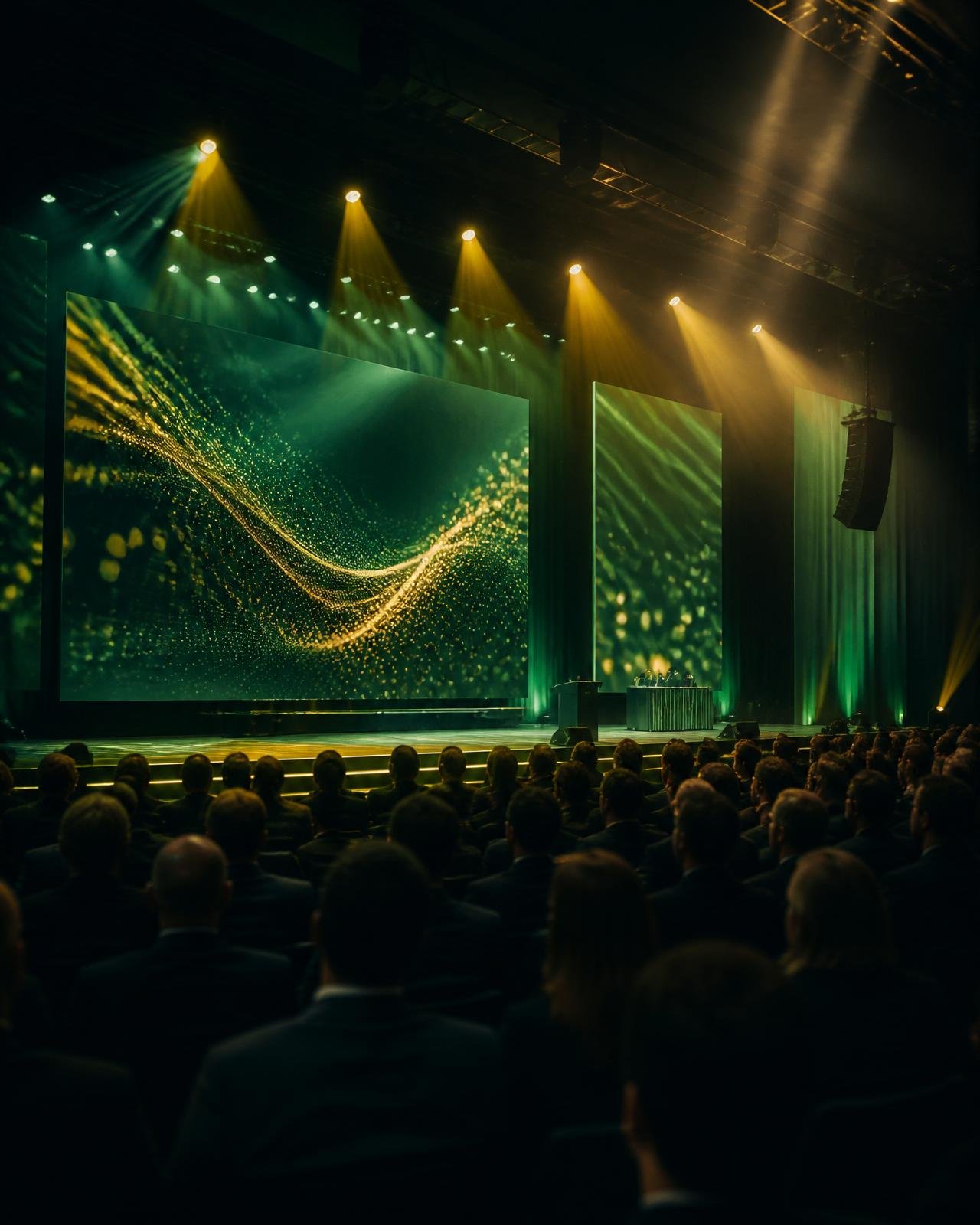 Auditório do Liderium Summit com plateia executiva e palco iluminado em verde e ouro